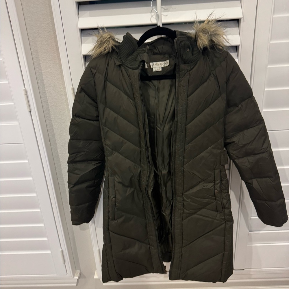 Larry Levine Olive Green Long Puffer Coat | Faux Fur Hood